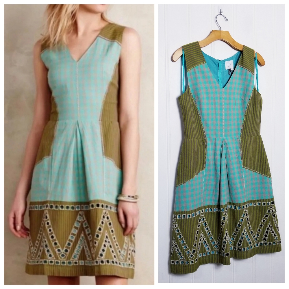 Anthro HD in Paris Gingham Stripe Eyelet Hem Dress Linen Cotton Size 6